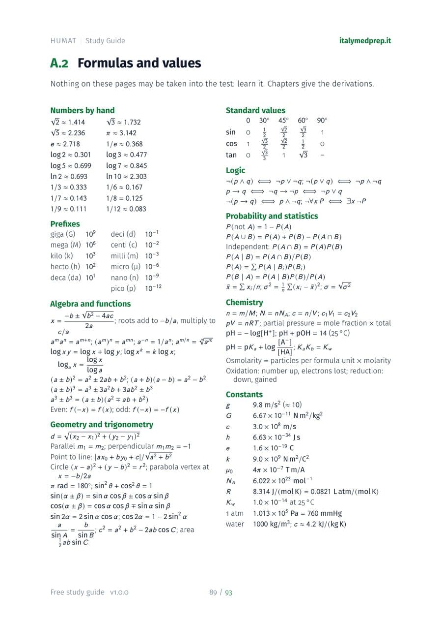 The first page of the appendix's formula and values sheet